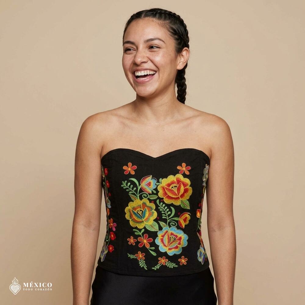 Mexican Embroidered Cotton Manta Corset Top – Handmade Floral Artisan Blouse
